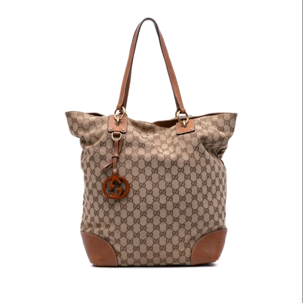 Gucci Beige Monogram Canvas Tote with Brown Leather Accents